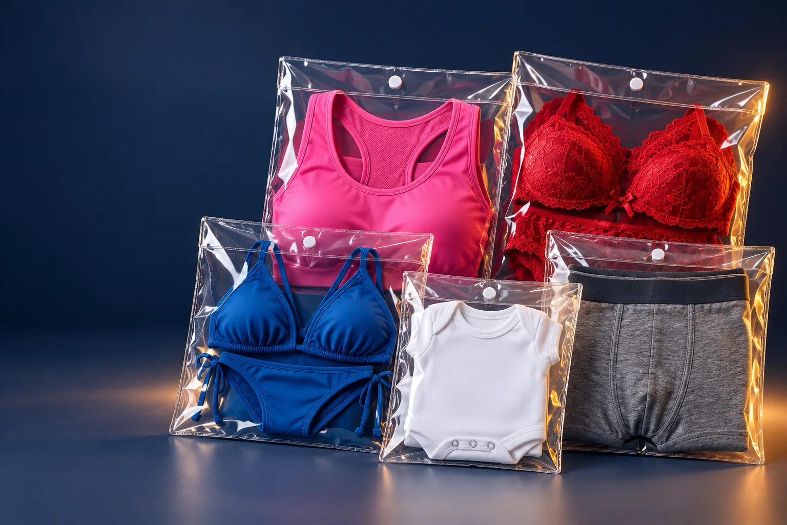 Embalagens em PVC cristal com lingerie, biquíni, top fitness, body de bebê e cueca dentro, fabricadas pela Freak Embalagem em Birigui