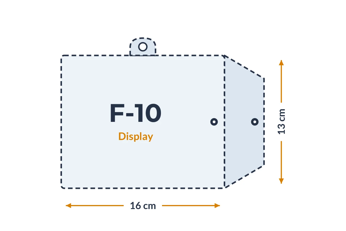 Medidas da embalagem F-10 Display em PVC, 16 × 13 cm