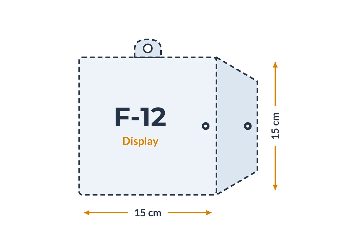 Medidas da embalagem F-12 Display em PVC, 15 × 15 cm