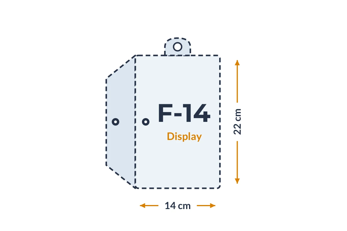 Medidas da embalagem F-14 Display em PVC, 14 × 22 cm