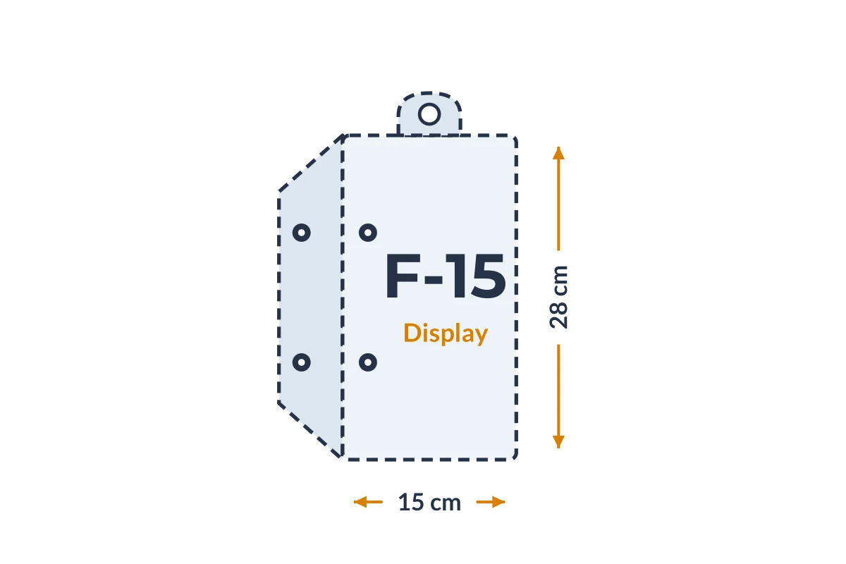 Medidas da embalagem F-15 Display em PVC, 15 × 28 cm