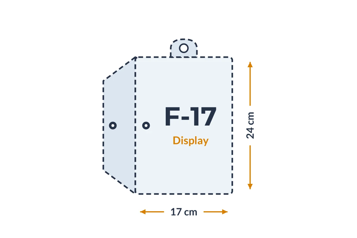 Medidas da embalagem F-17 Display em PVC, 17 × 24 cm
