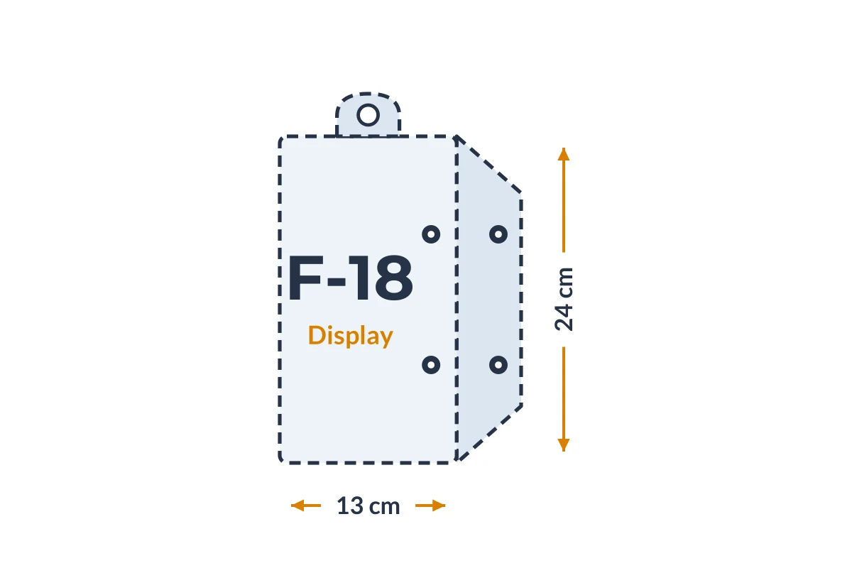 Medidas da embalagem F-18 Display em PVC, 13 × 24 cm