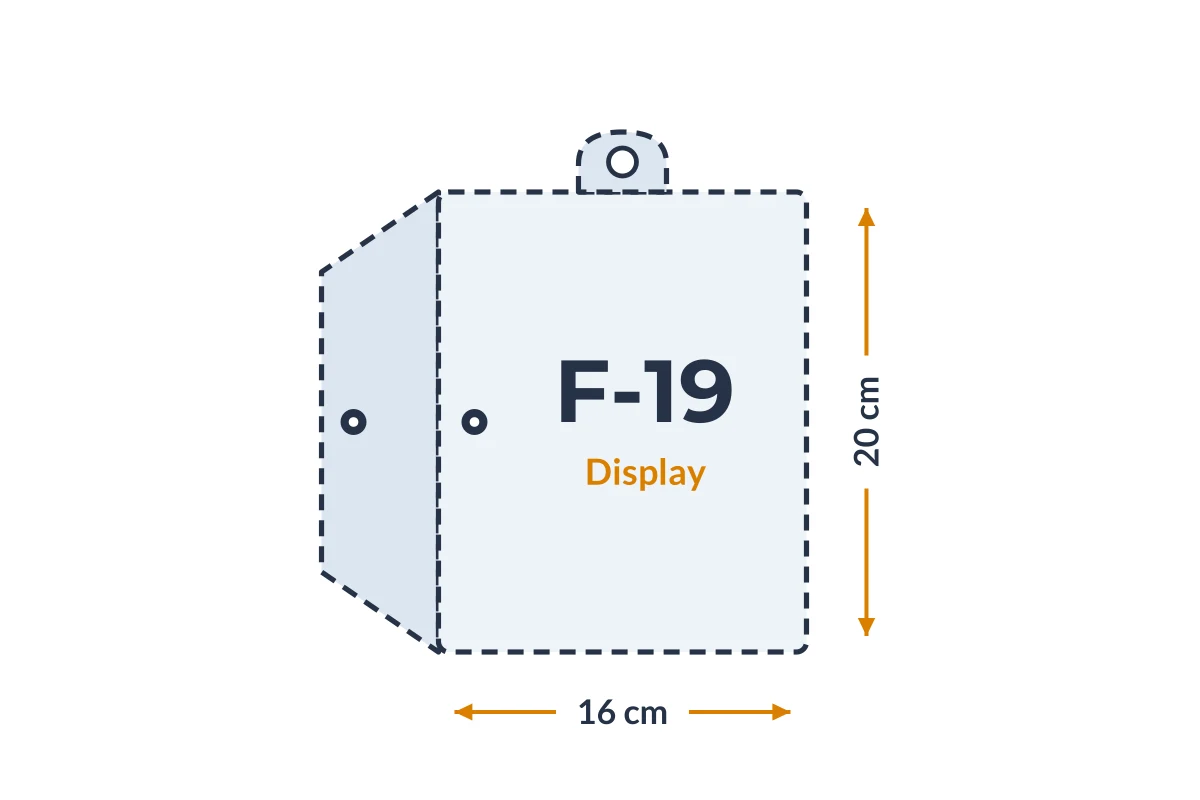 Medidas da embalagem F-19 Display em PVC, 16 × 20 cm