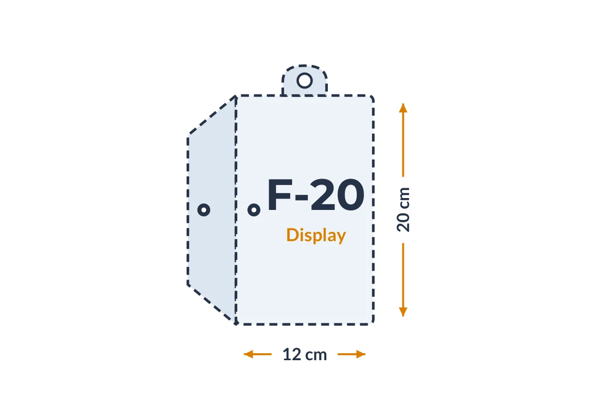 Medidas da embalagem F-20 Display em PVC, 12 × 20 cm