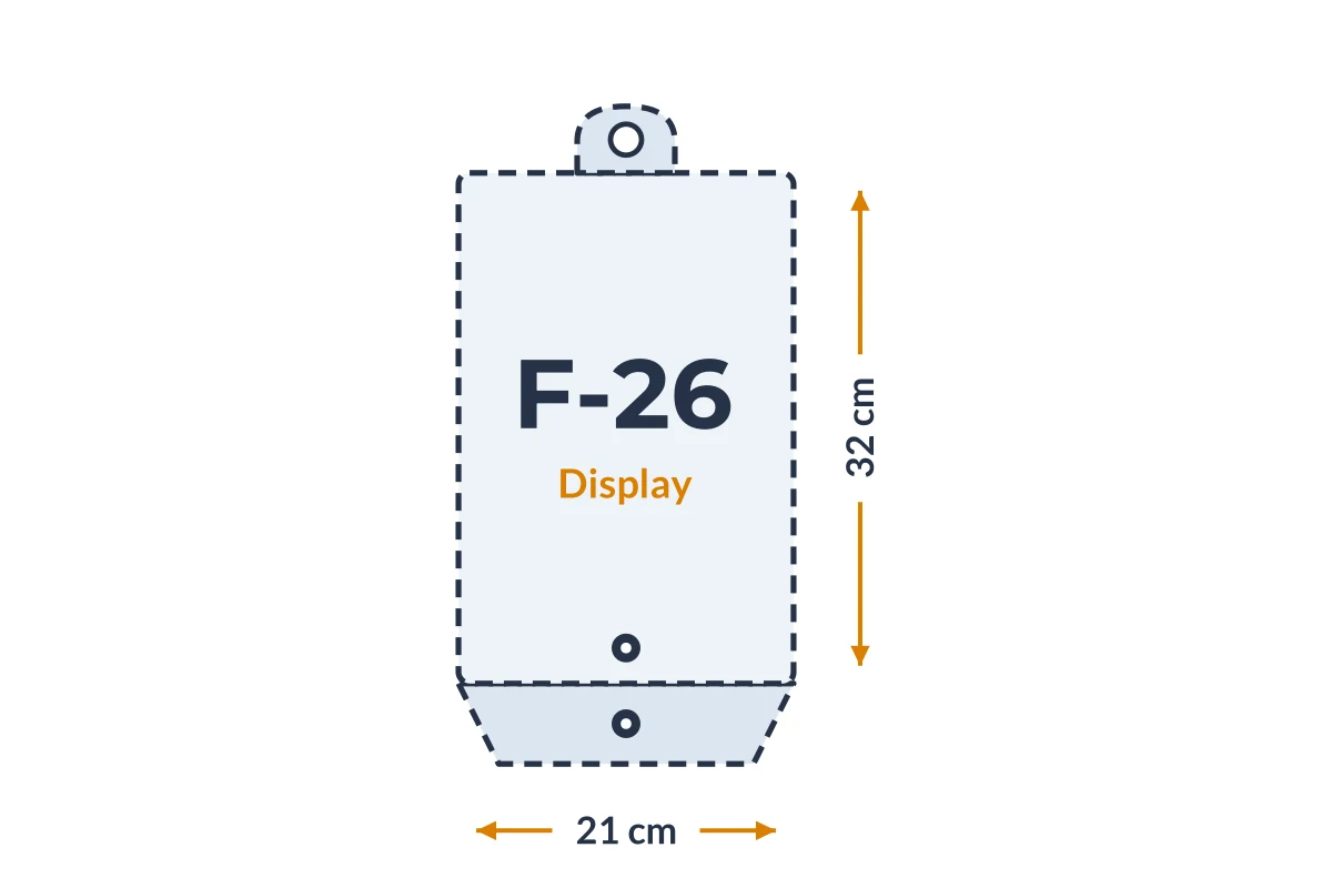 Medidas da embalagem F-26 Display em PVC, 21 × 32 cm