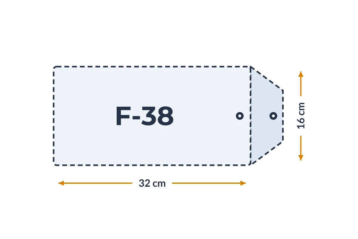 Medidas da embalagem F-38 em PVC, 32 × 16 cm