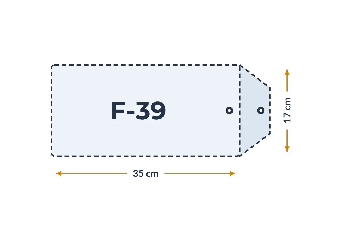 Medidas da embalagem F-39 em PVC, 35 × 17 cm