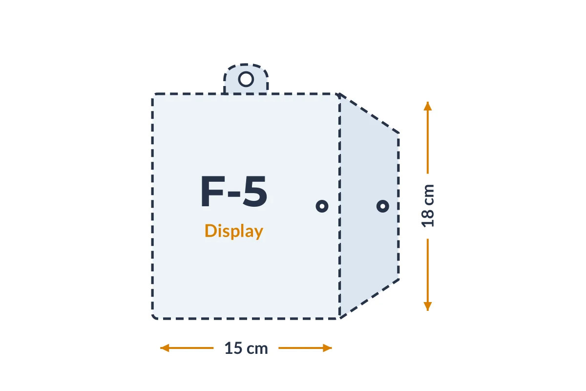 Medidas da embalagem F-5 Display em PVC, 15 × 18 cm
