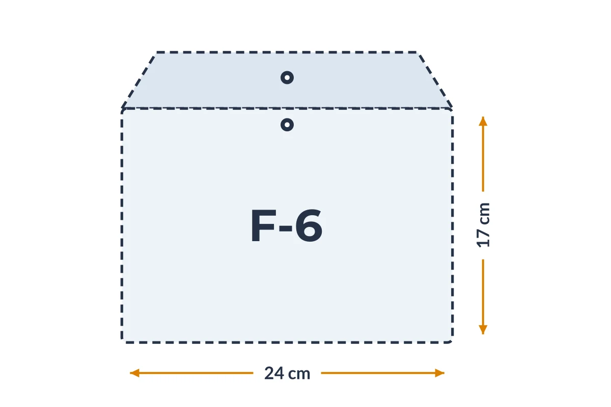 Medidas da embalagem F-6 em PVC, 24 × 17 cm