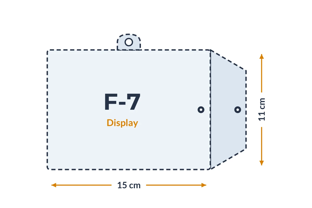 Medidas da embalagem F-7 Display em PVC, 15 × 11 cm