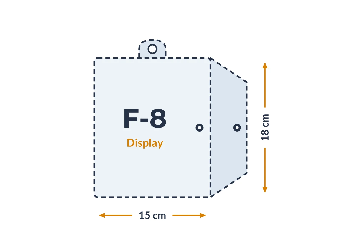 Medidas da embalagem F-8 Display em PVC, 15 × 18 cm