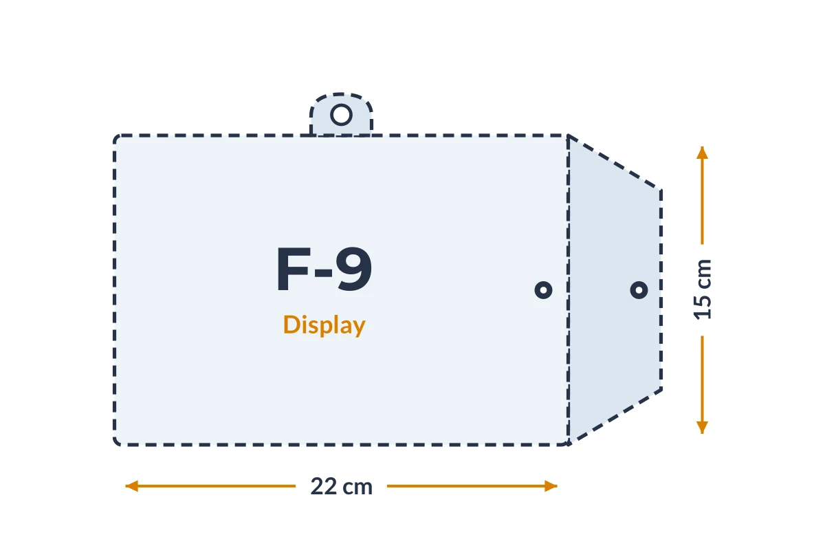 Medidas da embalagem F-9 Display em PVC, 22 × 15 cm