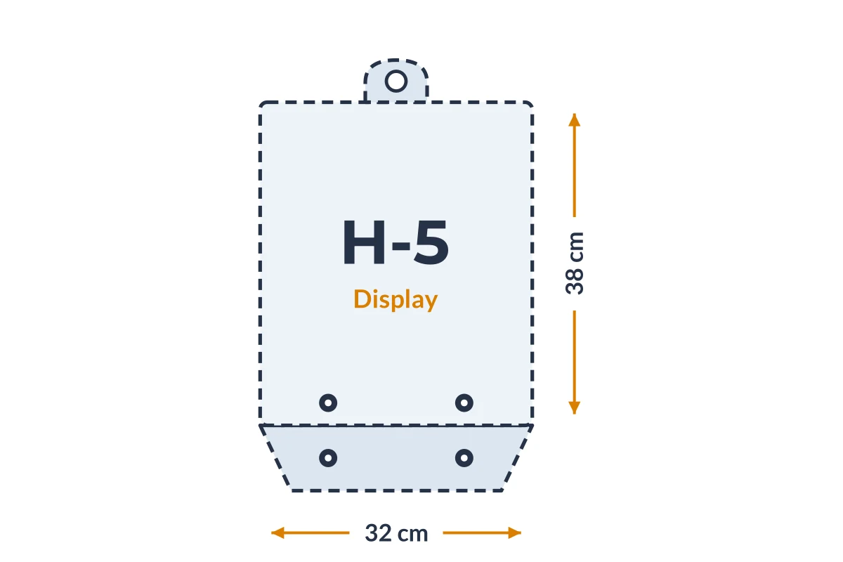 Medidas da embalagem H-5 Display em PVC, 32 × 38 cm