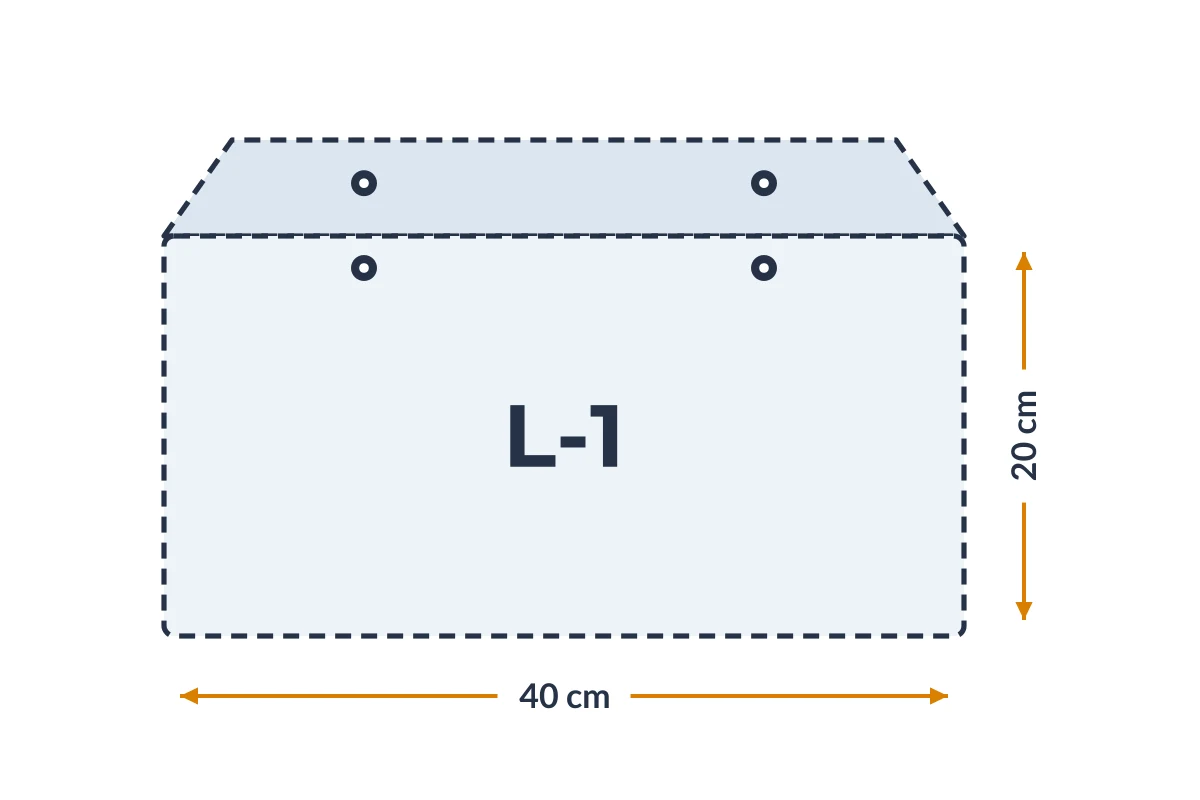 Medidas da embalagem L-1 em PVC, 40 × 20 cm
