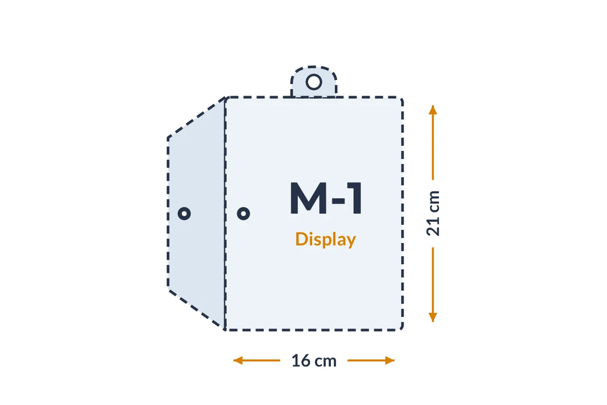 Medidas da embalagem M-1 Display em PVC, 16 × 21 cm