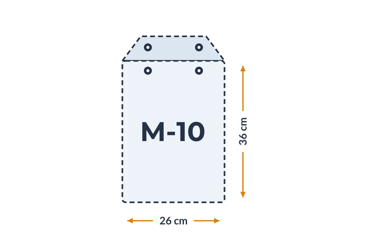Medidas da embalagem M-10 em PVC, 26 × 36 cm