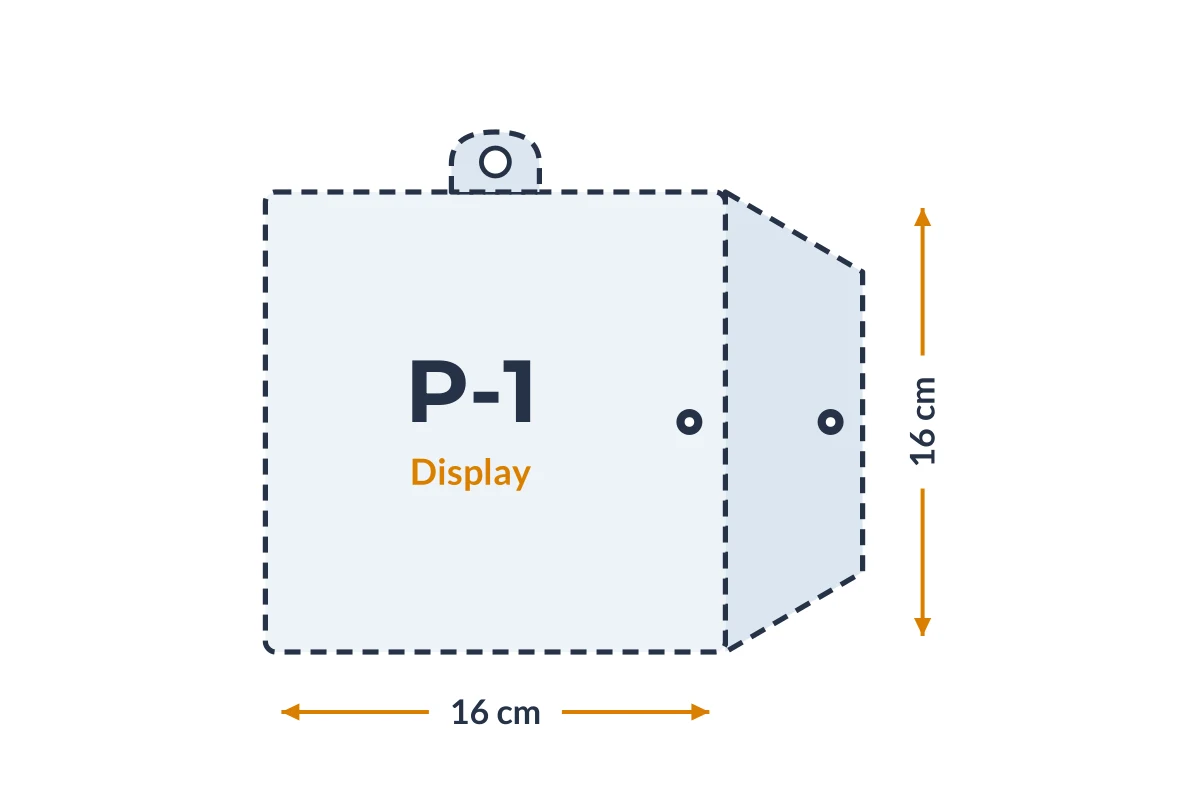 Medidas da embalagem P-1 Display em PVC, 16 × 16 cm