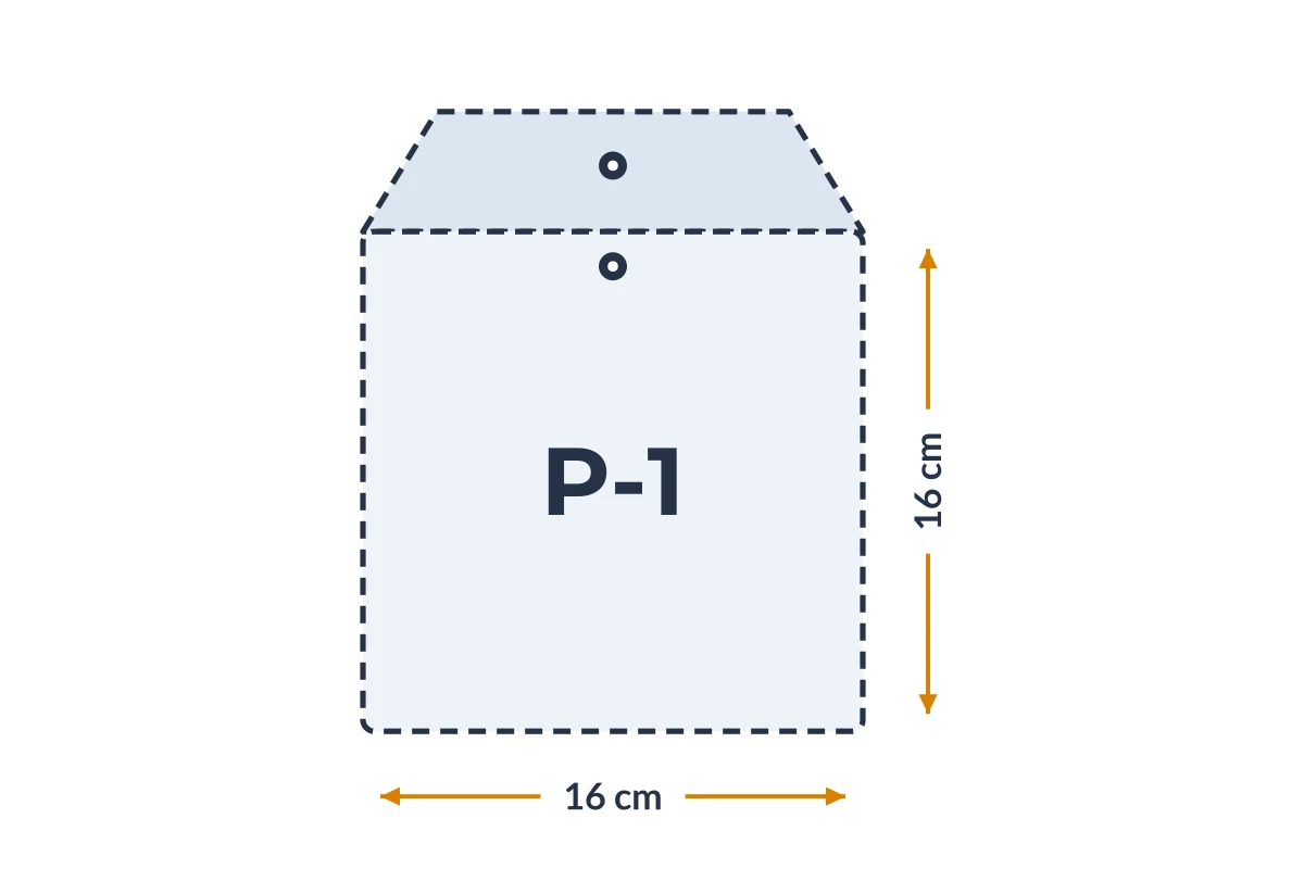 Medidas da embalagem P-1 em PVC, 16 × 16 cm