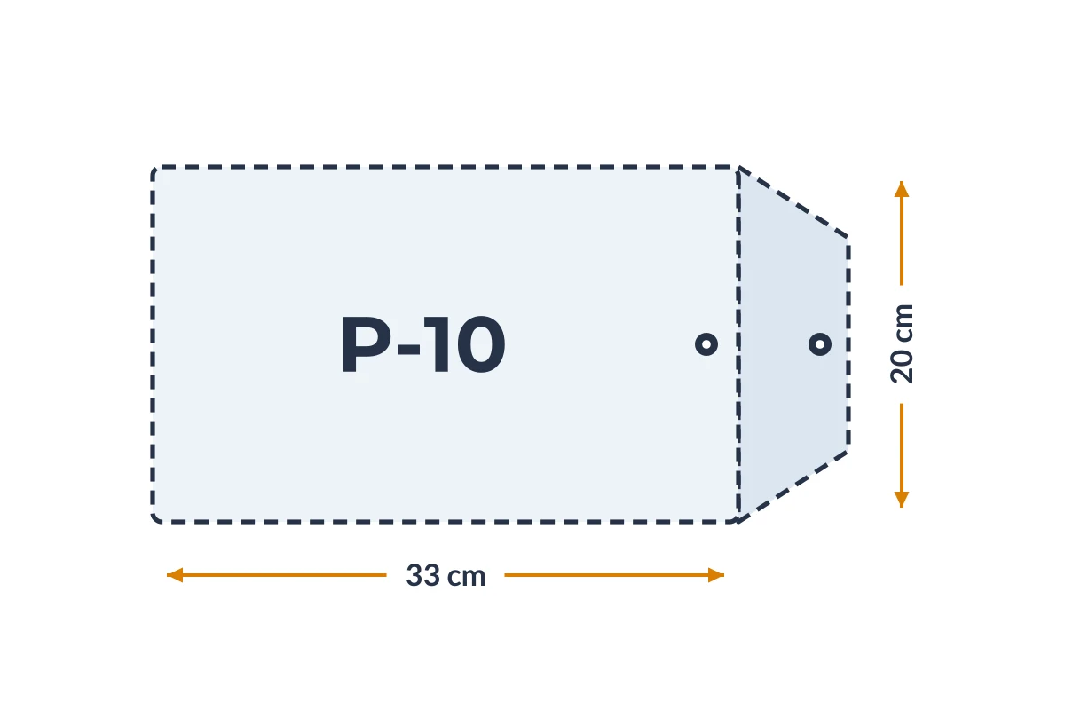 Medidas da embalagem P-10 em PVC, 33 × 20 cm