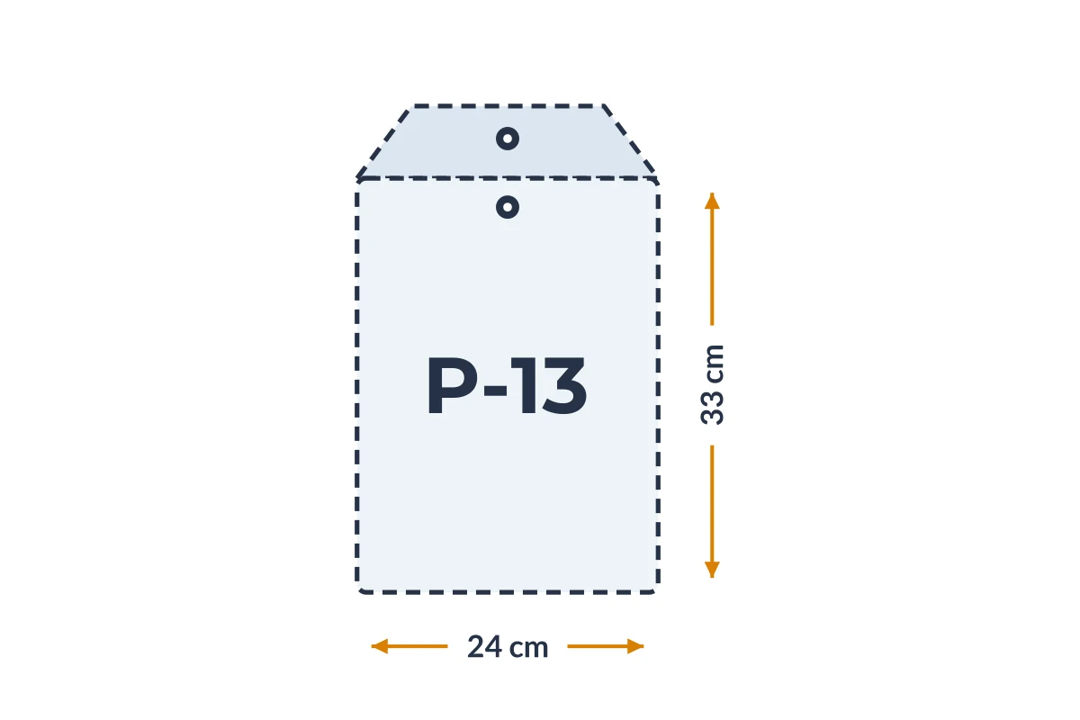 Medidas da embalagem P-13 em PVC, 24 × 33 cm