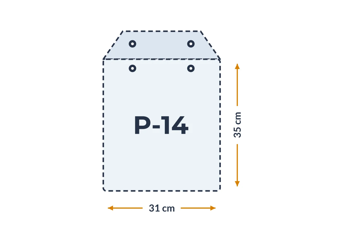 Medidas da embalagem P-14 em PVC, 31 × 35 cm