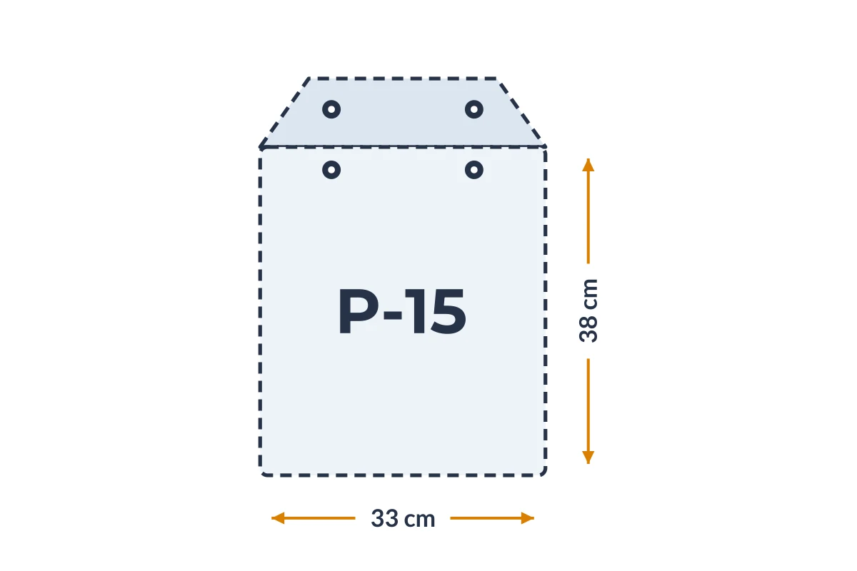 Medidas da embalagem P-15 em PVC, 33 × 38 cm