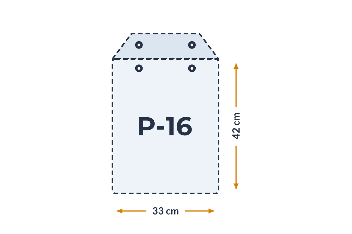 Medidas da embalagem P-16 em PVC, 33 × 42 cm