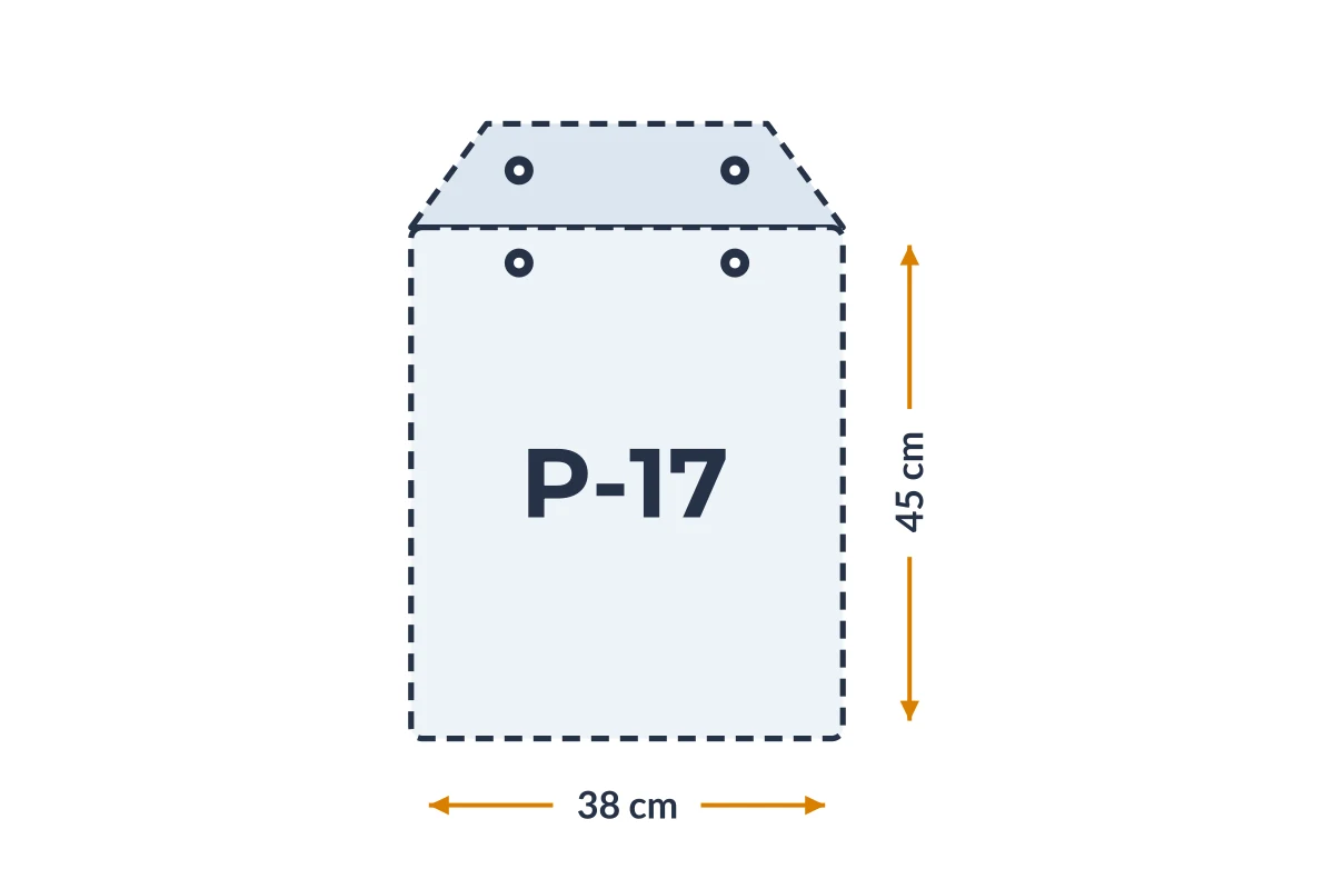 Medidas da embalagem P-17 em PVC, 38 × 45 cm