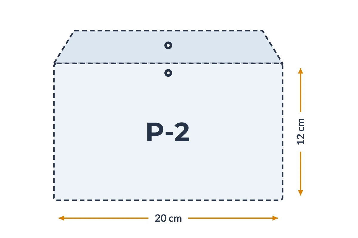 Medidas da embalagem P-2 em PVC, 20 × 12 cm