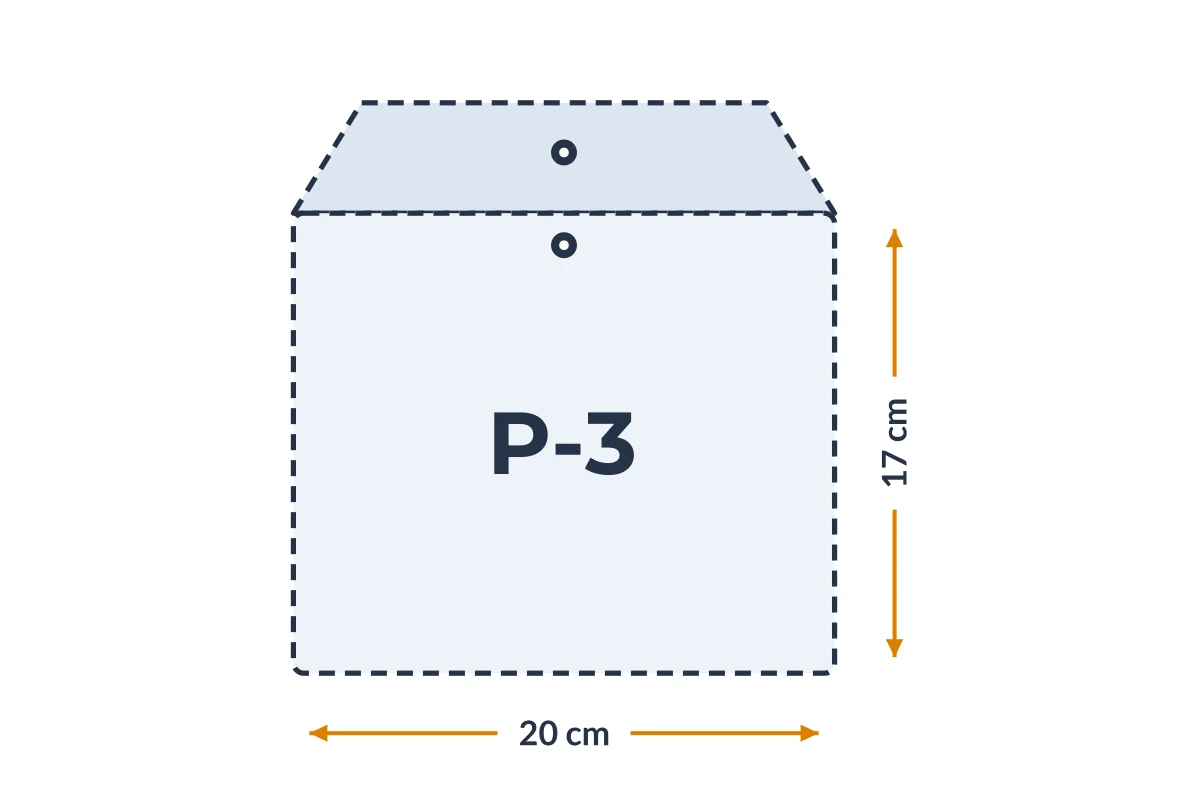 Medidas da embalagem P-3 em PVC, 20 × 17 cm