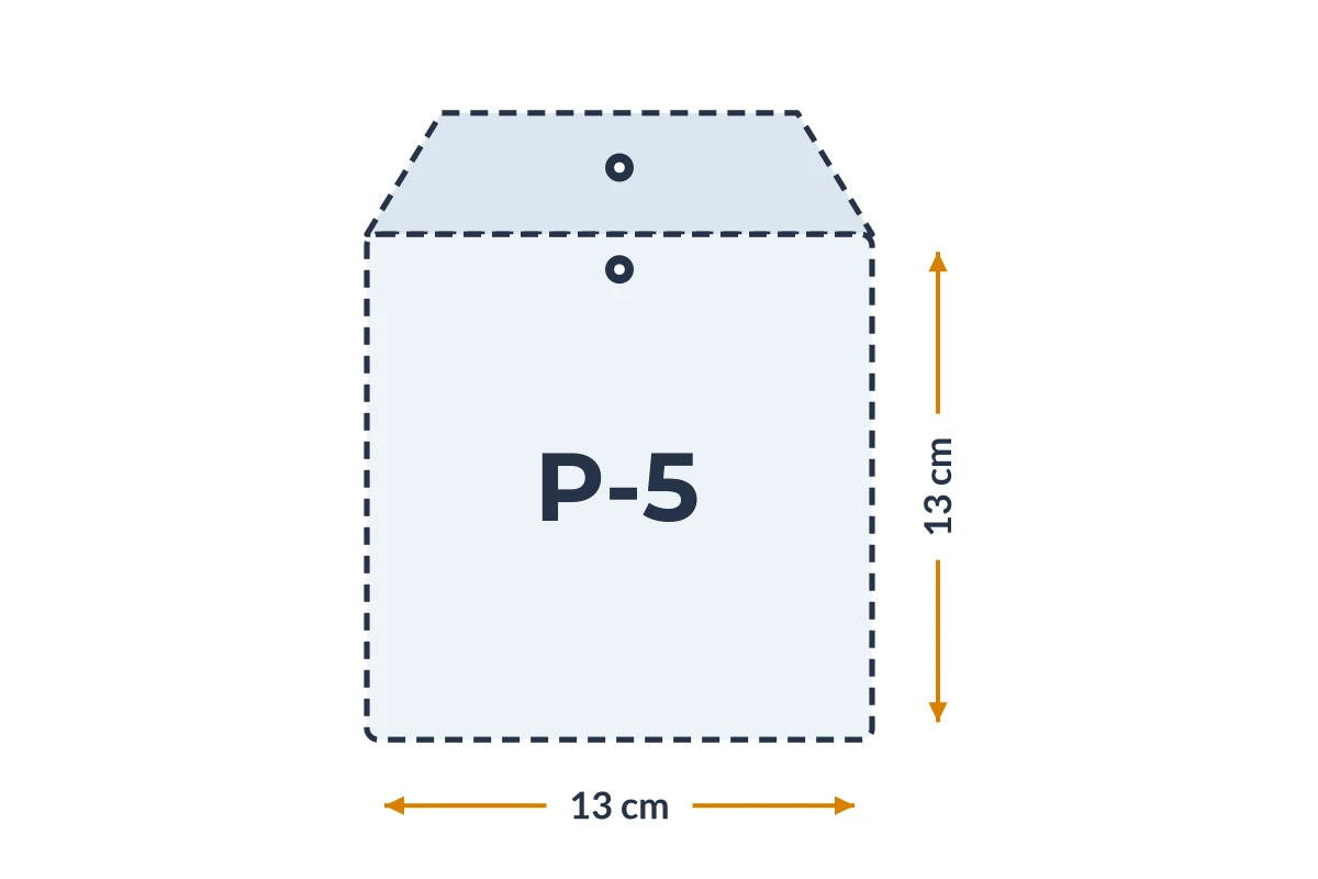 Medidas da embalagem P-5 em PVC, 13 × 13 cm