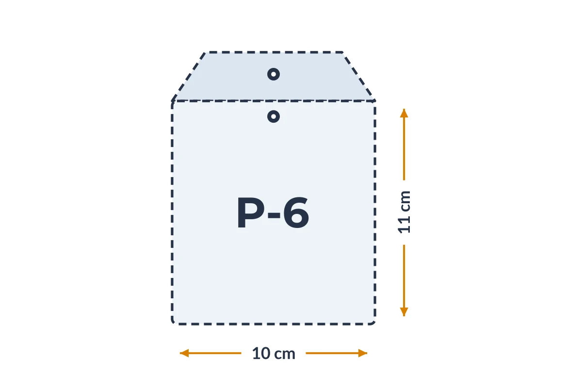 Medidas da embalagem P-6 em PVC, 10 × 11 cm