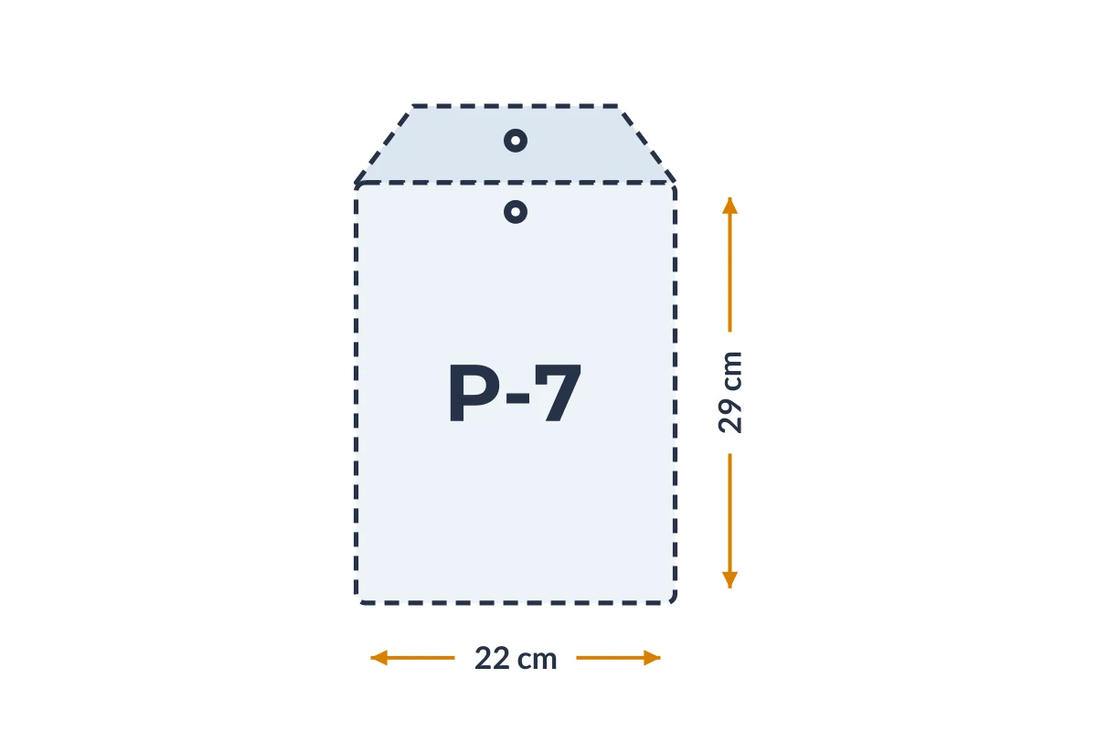 Medidas da embalagem P-7 em PVC, 22 × 29 cm